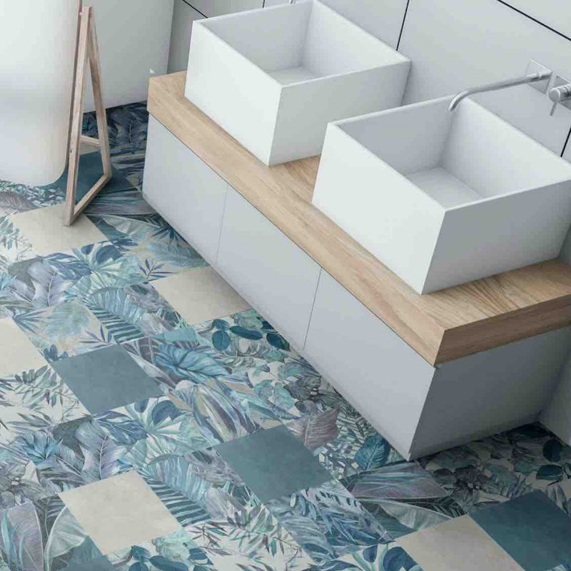 Floral Porcelain Tile Blue Petals 6x6 installed on a bathroom floor