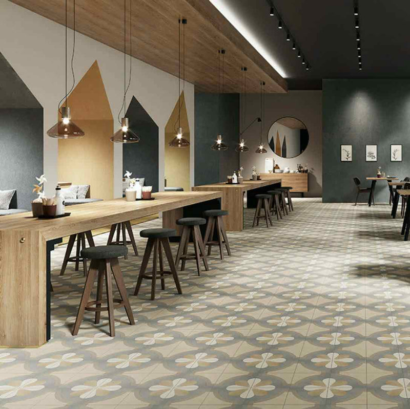 Patterned Porcelain Tile Cement Two 8x8 featured on a cafe floor