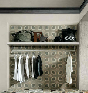 Patterned Porcelain Tile Cement Five 8x8 featured on a closet wall