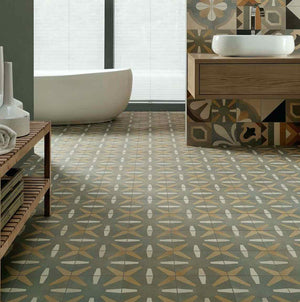 Patterned Porcelain Tile Cement Six 8x8 featured on a warm bathroom floor