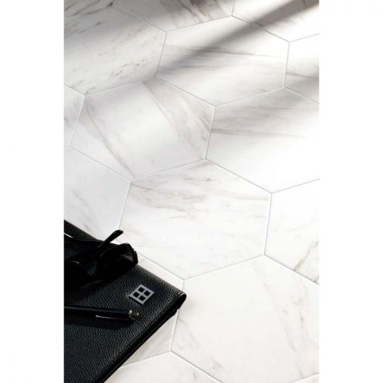 Carrara Hexagon Porcelain Tile Matte Finish installed on a floor