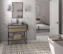 suite featuring marble look wall tiles and wood look patterned floor tiles by Mineral Tiles