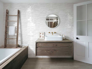 Contemporary bathroom with picket crayon style white wall tile and wood vanity