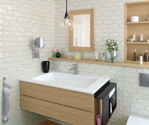 Contemporary Bathroom featuring a hexagon cream tile glossy by Mineral Tiles and birch oak cabinets