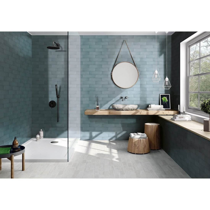 contemporary bathroom and shower featuring Home Waterloo Blue 3x12 Subway Ceramic Wall Tile