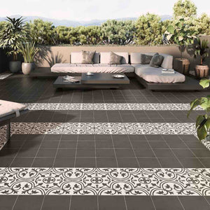 Jazz Patterned Porcelain Tile Courtyard 8x8 installed on a patio floor