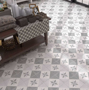 Patterned Porcelain Tile Diamond 8x8 installed on a living room floor