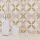 Vintage Patterned Distressed Washed Porcelain Tile Monarch Beige 9x9 featured on a bathroom backsplash