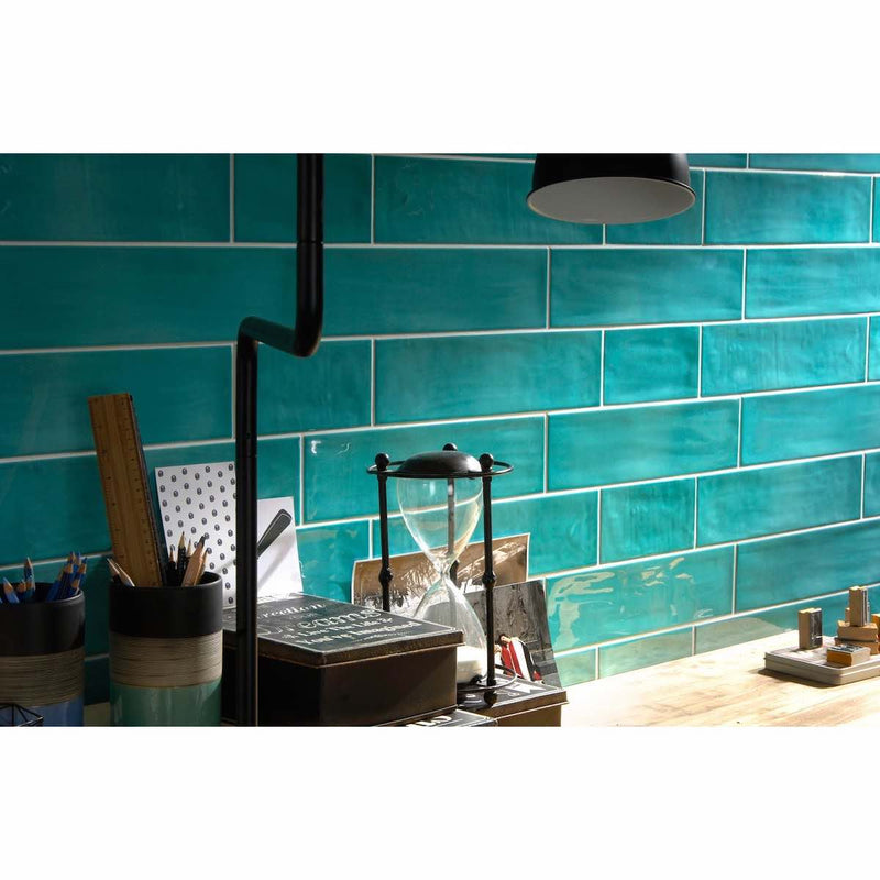 Home office wall featuring Color Splash Turquoise Glossy Subway Tile by Mineral Tiles
