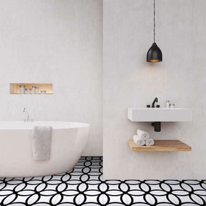 Patterned Porcelain Tile Frame 8x8 featured on a minimalist bathroom floor