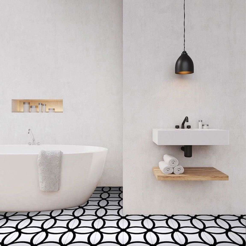 Patterned Porcelain Tile Frame 8x8 featured on a minimalist bathroom floor