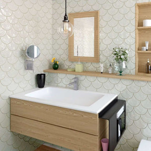 Fish Scale Wall Tile Glossy Cream 6x7 featured on a bathroom walls