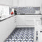 Patterned Porcelain Tile Geo Blue 8x8 installed on a kitchen floor