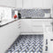 Patterned Porcelain Tile Geo Blue 8x8 installed on a kitchen floor
