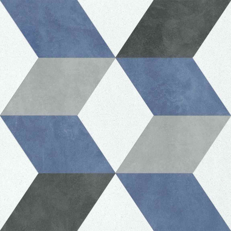 Patterned Porcelain Tile Geo Blue 8x8 for kitchen, backsplash, bathroom, shower, fireplace, and pool