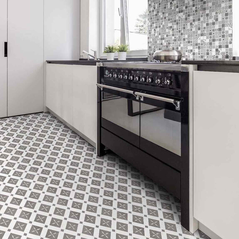 Patterned Porcelain Tile Geo Grey 8x8 installed on a kitchen floor