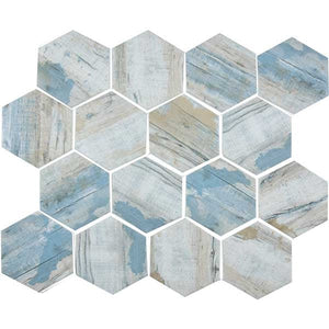 Glass Hexagon Mosaic Tile Wood Antique Blue for bathroom, pools, and backsplash