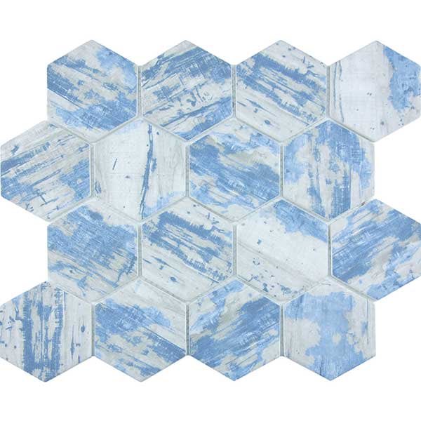 Glass Hexagon Mosaic Tile Wood Blue