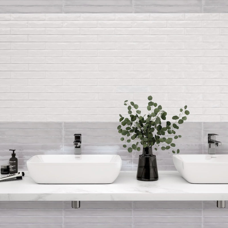 Casual White 2x10 Ceramic Wall Tile featured on a bathroom backsplash