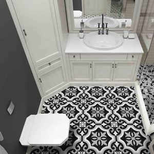 Patterned Porcelain Tile Bodega 8x8 installed on a bathroom floor