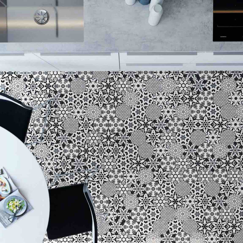 Patterned Porcelain Hexagon Tile Black and White 6x7 featured on the kitchen floor
