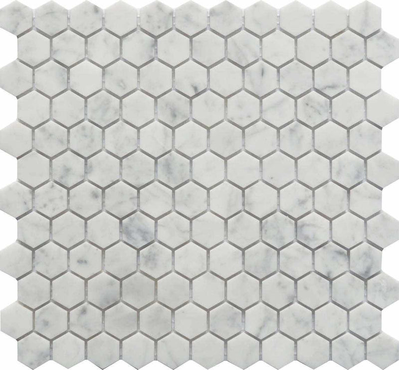 Hexagon Carrara White Marble Mosaic Tile 1x1 for kitchen backsplash, bathroom, shower, floor, and wall