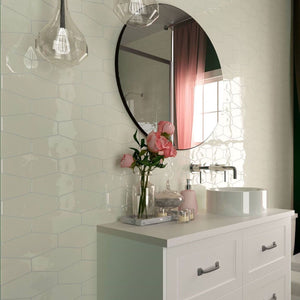 Bathroom wall featuring the Hexagon Tile Glossy Ivory 4x8 Long by Mineral Tiles