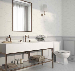 Bathroom featuring a hexagon white tile