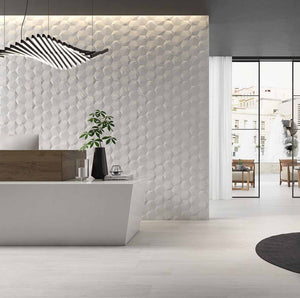 Bright White 6x7 Hexagon 3D Wall Tile installed on a reception wall