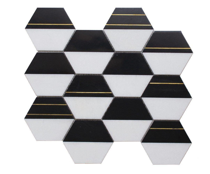 Inlay Brass Gold Hexagon Black and White Tile-Mineral Tiles