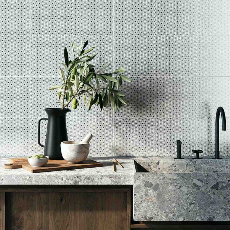 Patterned Porcelain Tile Kyoto 8x8 featured on a modern kitchen backsplash
