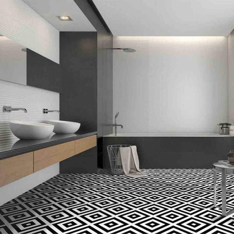 Patterned Porcelain Tile Linear 8x8 featured on a bathroom floor