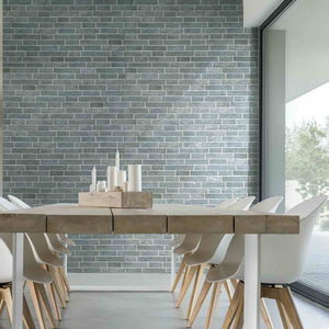 Urban Brick Porcelain Tile Mint 6x15 features on a dinning room wall