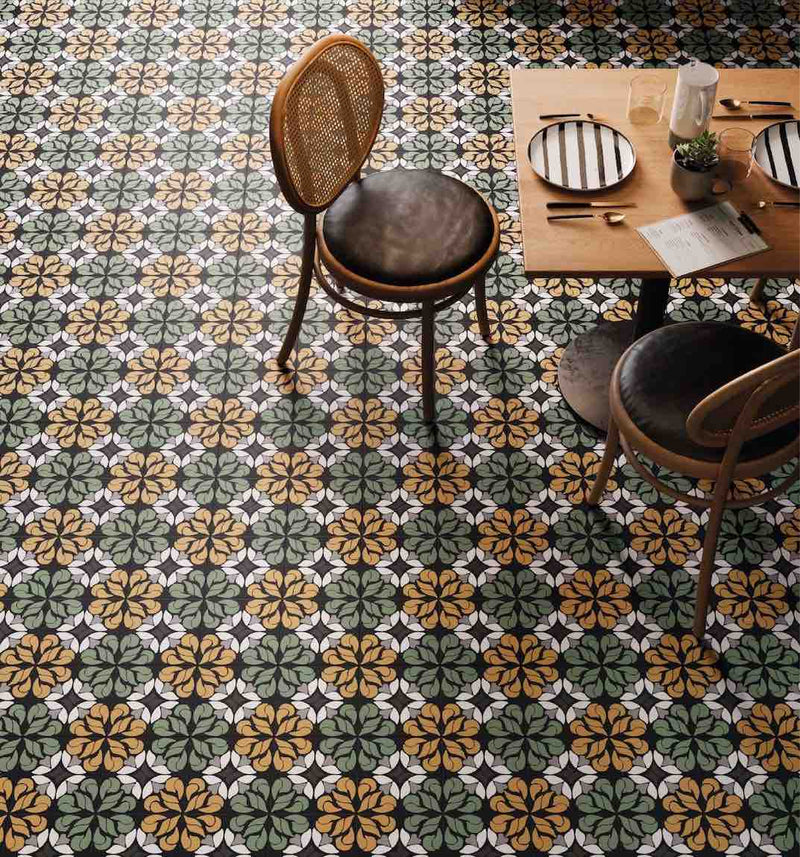 Modern Patterned Porcelain Tile Late Fall 8x8 installed on a Italian cafe