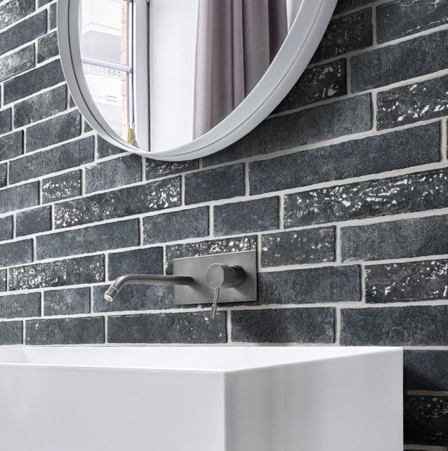 Urban Brick Porcelain Tile Mulberry 6x15 featured on a bathroom wall