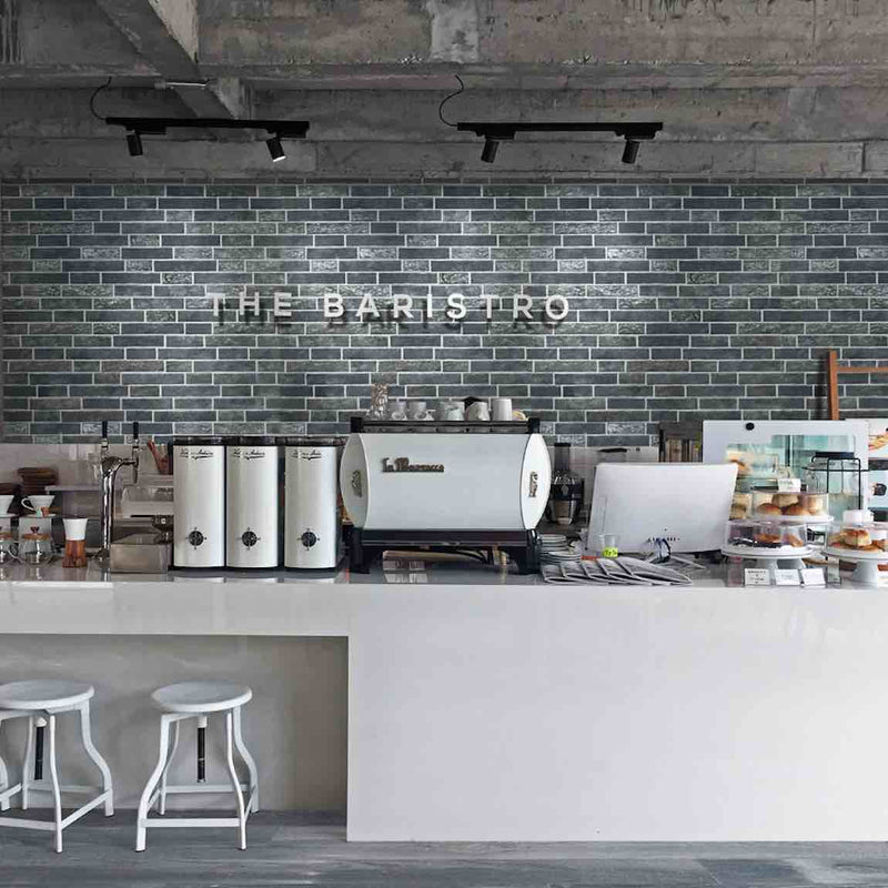 Urban Brick Porcelain Tile Mulberry 6x15 featured on a coffee shop