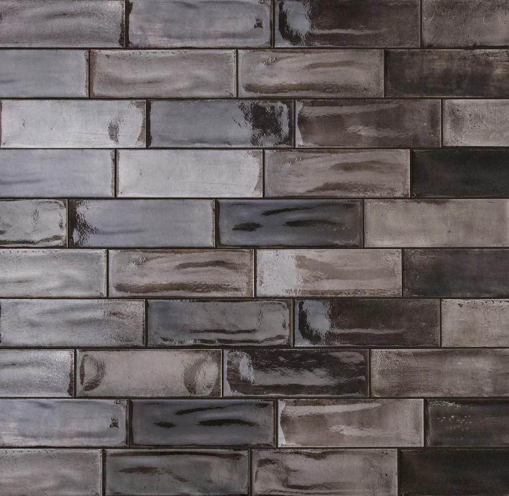 Porcelain Subway Tile Washed Nero Glossy 4x12