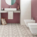 Patterned Floor and Wall Tile Antique Gray 8 x 8 installed on bathroom floor