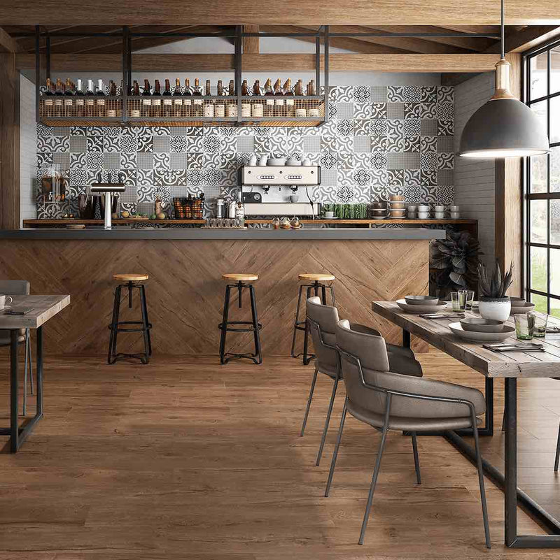 Patterned Floor and Wall Tile Relic Gray 8 x 8 installed on a coffee bar