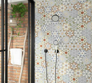 Patterned Porcelain Hexagon Tile Multicolor 6x7 featured on a shower wall