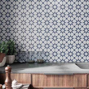 Patterned Porcelain Tile Blue Star 8x8 featured on a contemporary kitchen backsplash