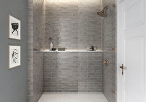Persia Grey Subway Wall Tile 2.5x16 featured on a shower wall