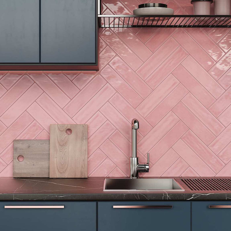 Kitchen Backsplash featuring the Slide Pink Glossy 3x12 Subway Wall Tile by Mineral Tiles