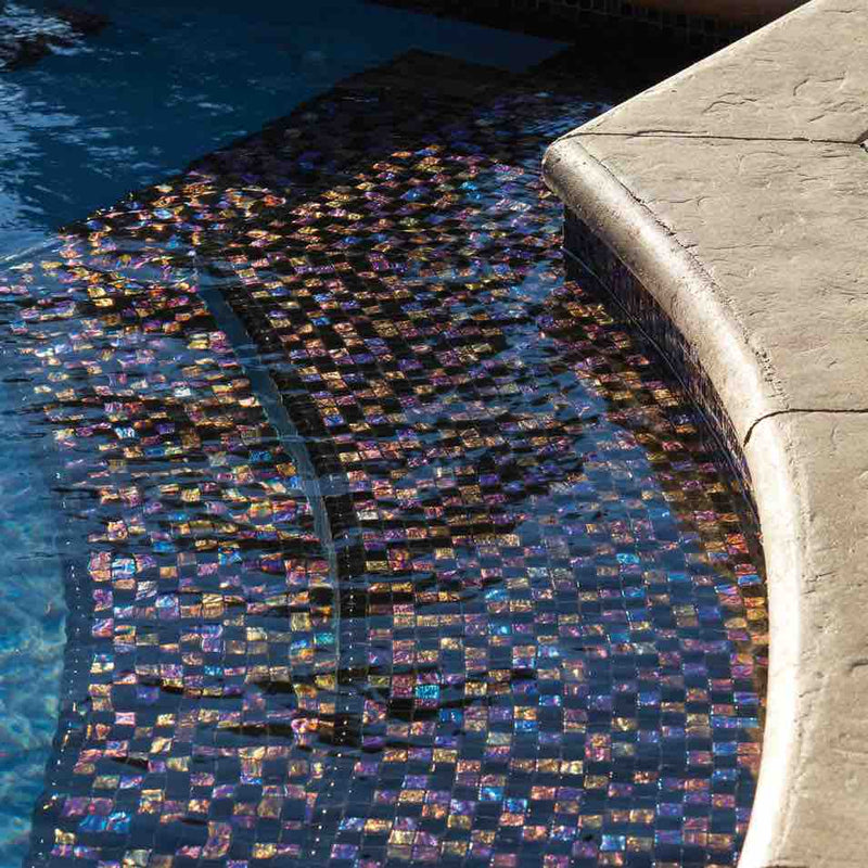 pool entrance stairs using iridescent glass black tiles