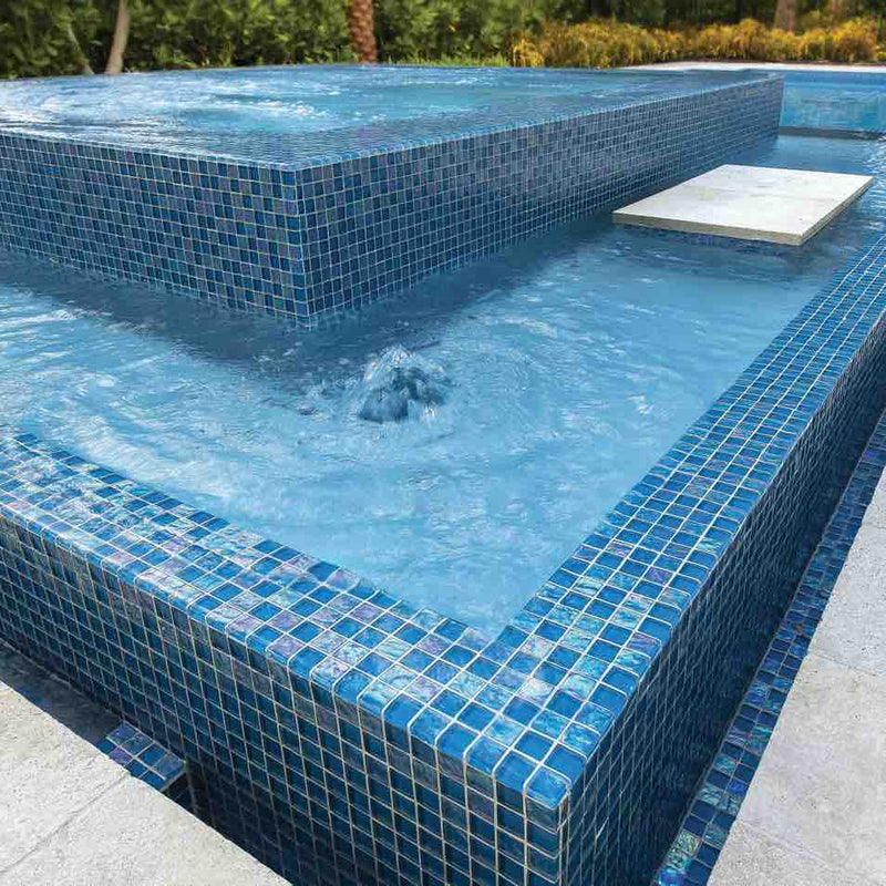 Swimming Pool Spa made with Glass Mosaic Tile Sheen Blue 1x1 Iridescent
