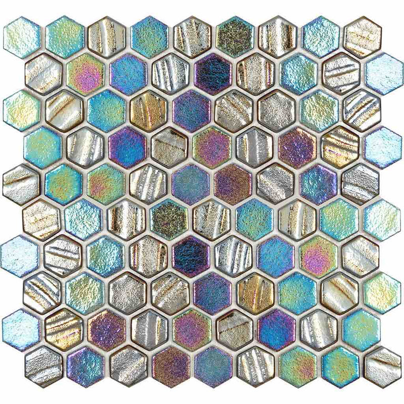 Recycled Hex Iridescent Glass Tile Black for pools and spas
