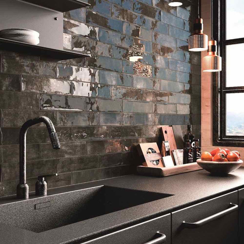 Modern Kitchen Backsplash and Sink Black using Subway Tiles by Mineral Tiles