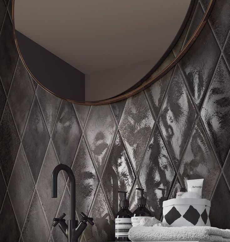 Porcelain Tile Washed Nero Glossy Rhomboid installed on a bathroom backsplash