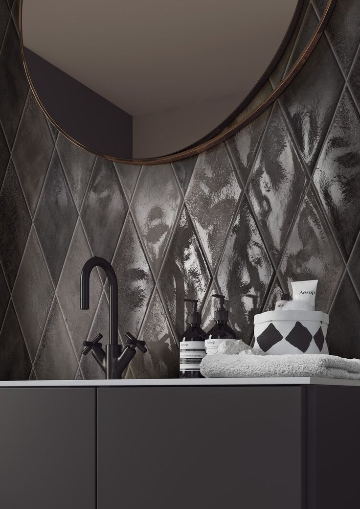 Porcelain Tile Washed Nero Glossy Rhomboid installed on a bathroom vanity