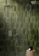 Rounded Shower featuring the Magnolia Distressed Subway Tile Olive 2.5x9.5